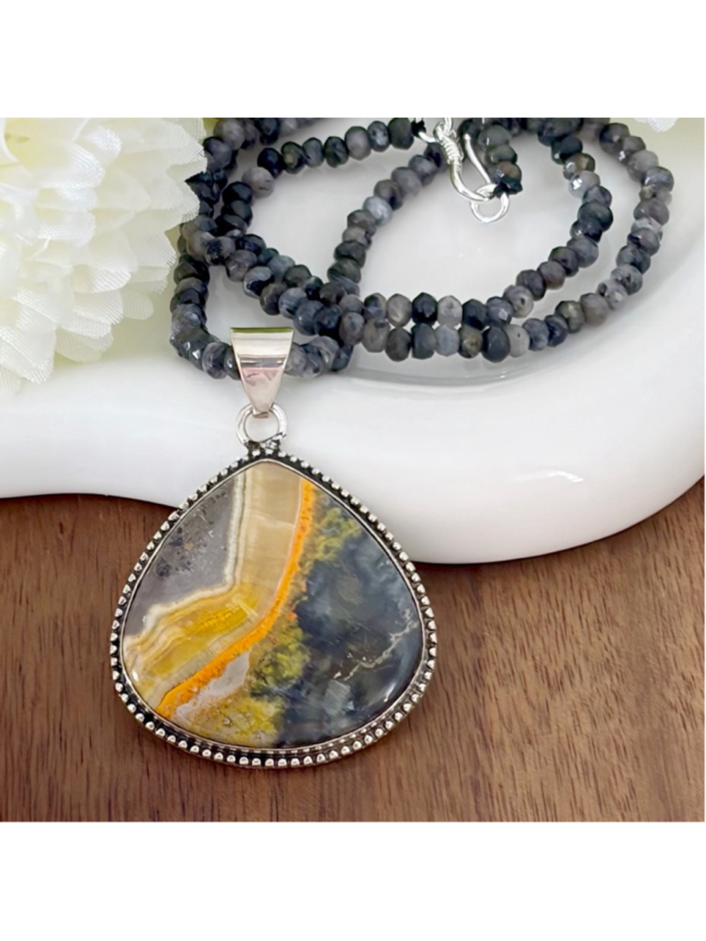 Bumblebee Bumble Bee Jasper Pendant Vintage Southwest Boho Style Pear New 925 - Picture 2 of 7